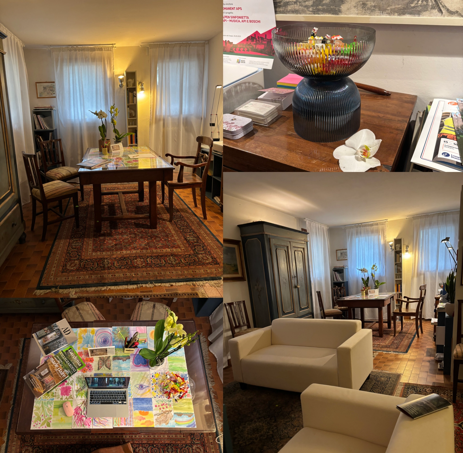 Collage di fotografie con diversi ambienti interni, un elegante soggiorno con tavolo e tappeto, una scrivania con una vaso e un soggiorno con divani, per chiara pegge real estate